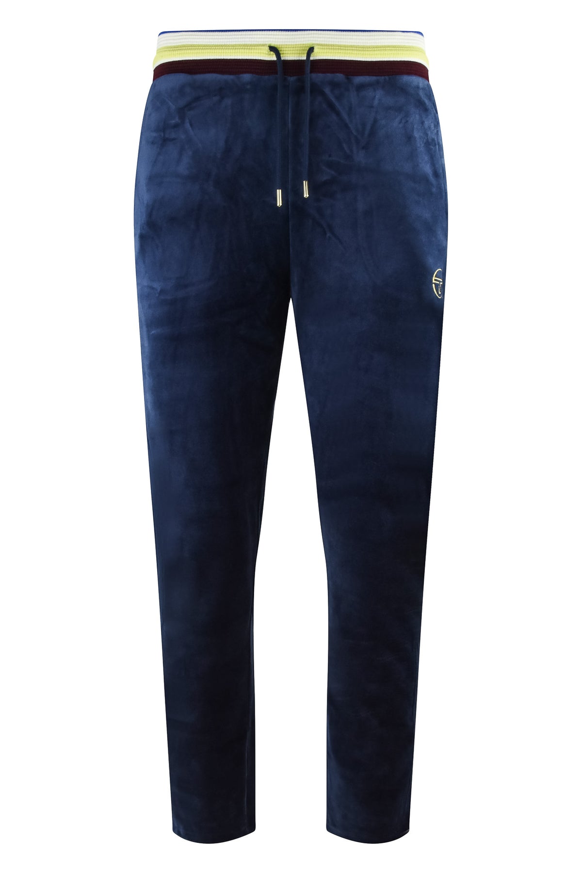 Velour track pants in maritime blue with striped elastic waistband and drawstring