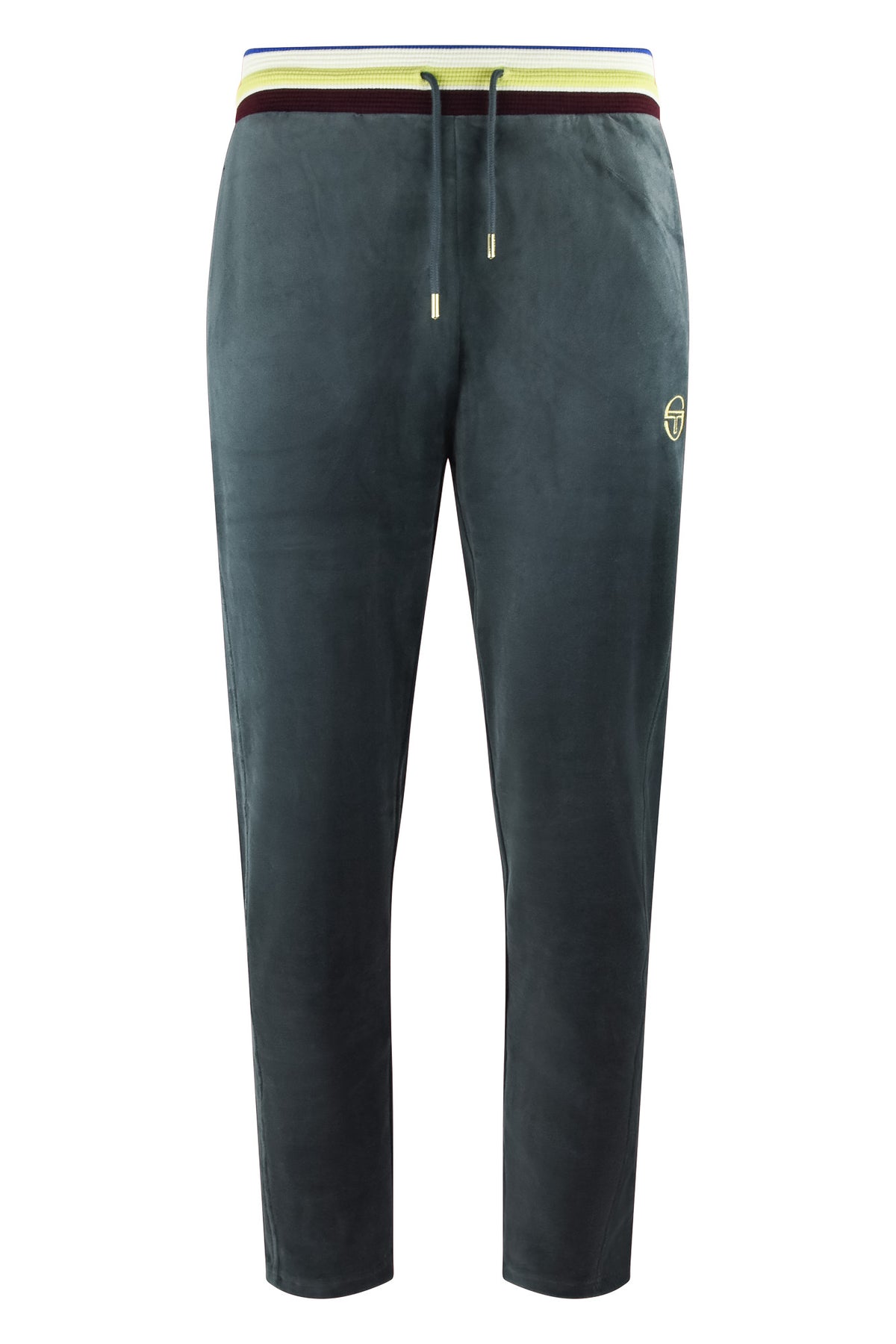 Velour track pants with elastic waistband, drawstring, and contrast stripe trim