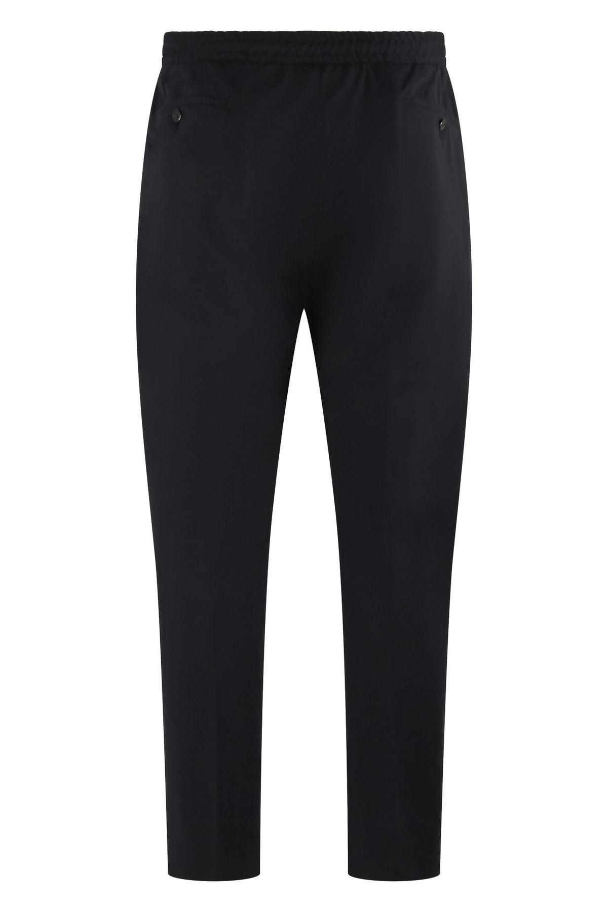 Black drawstring jersey stretch pants with elastic waistband and straight tapered fit
