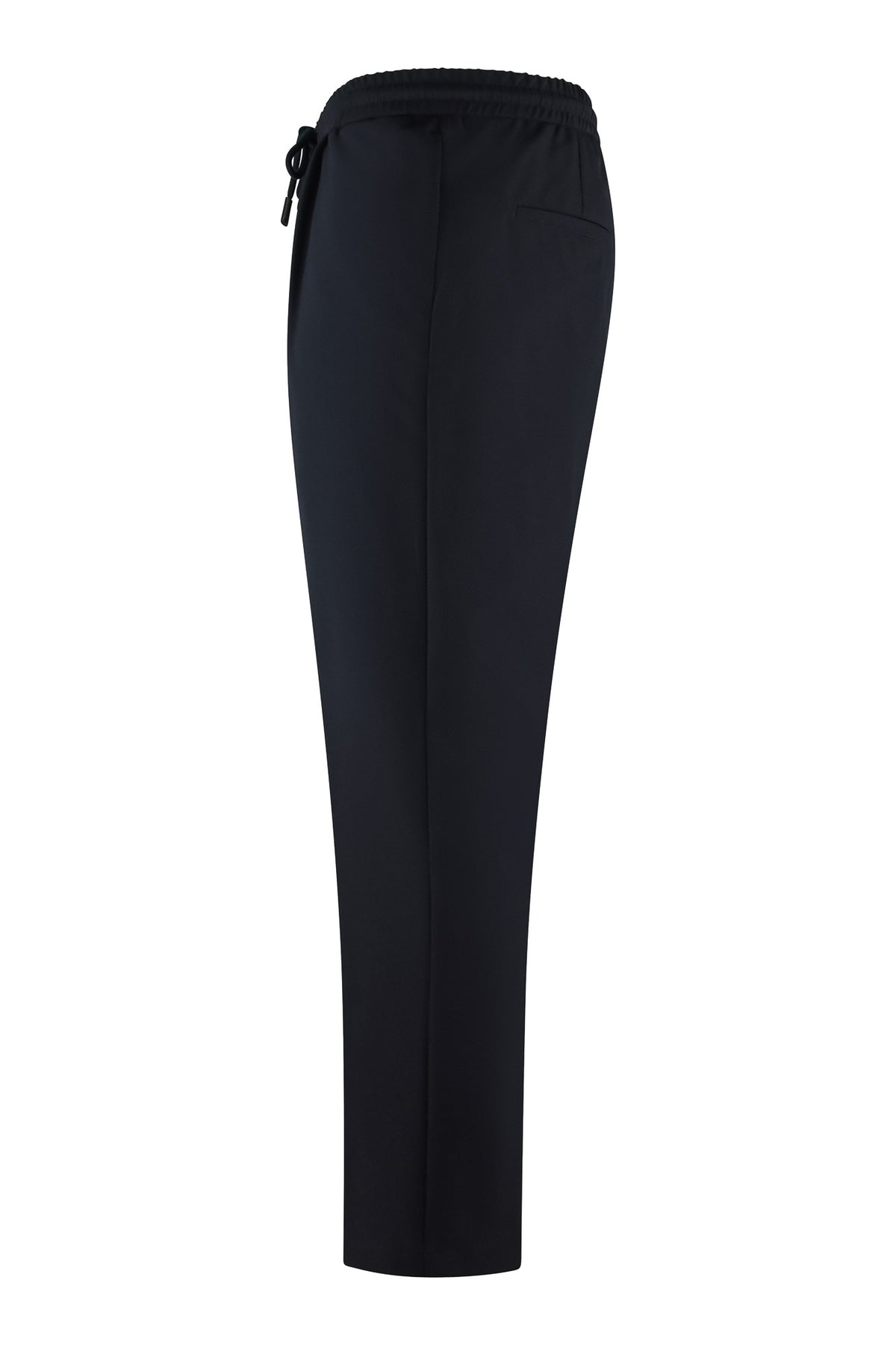Dark navy tech pants with drawstring, side seam pockets, tapered fit