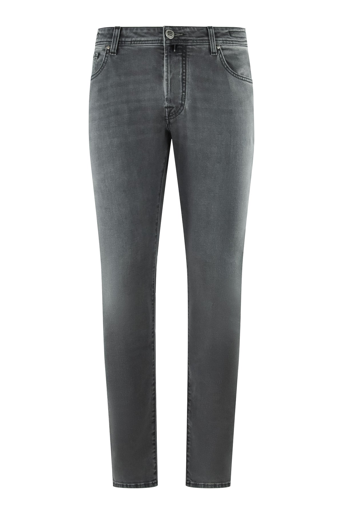 Light grey stretch denim jeans with straight leg, button waist, and Jacob Cohen badge