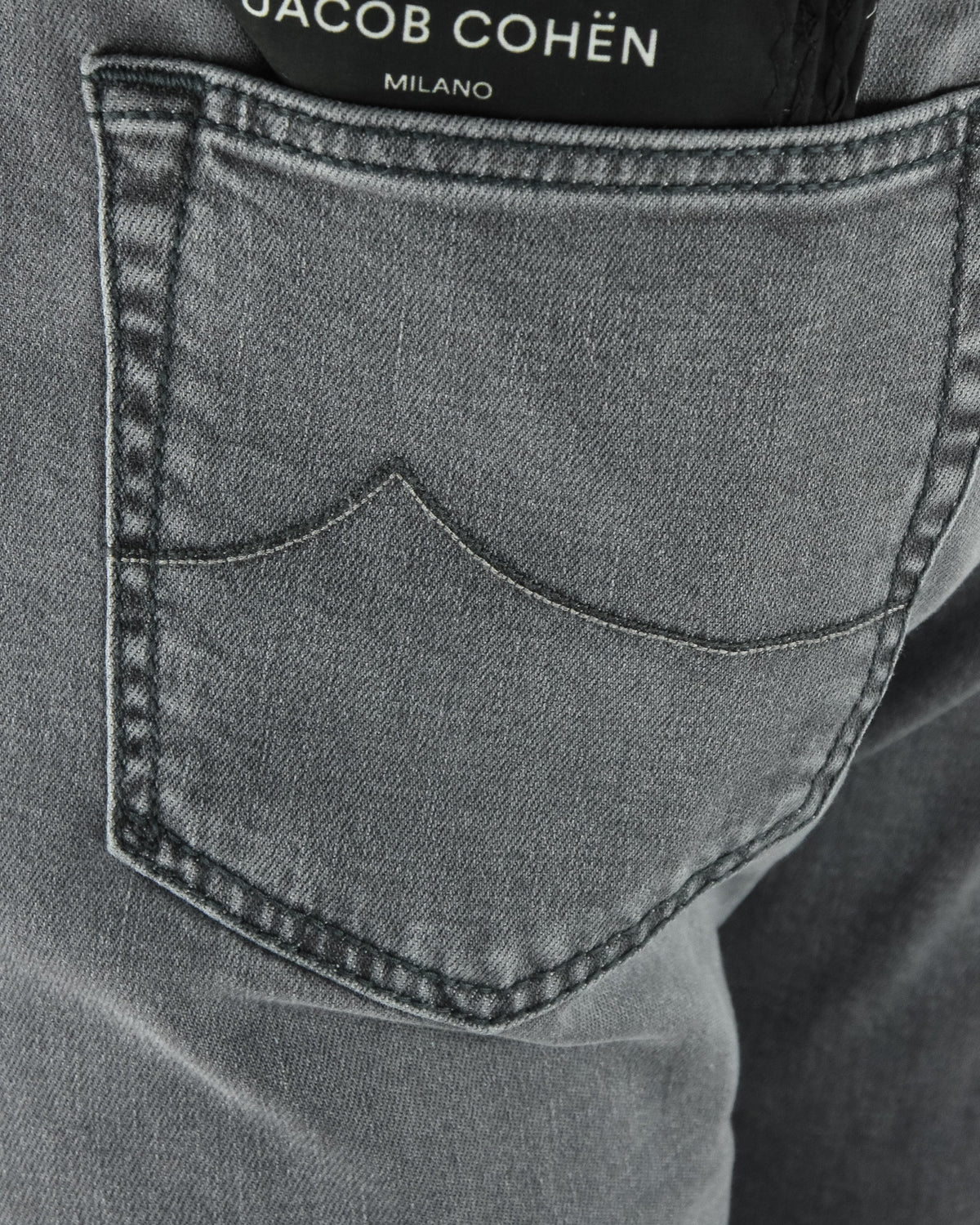 Front pocket detail on light grey denim jeans with contrast topstitching