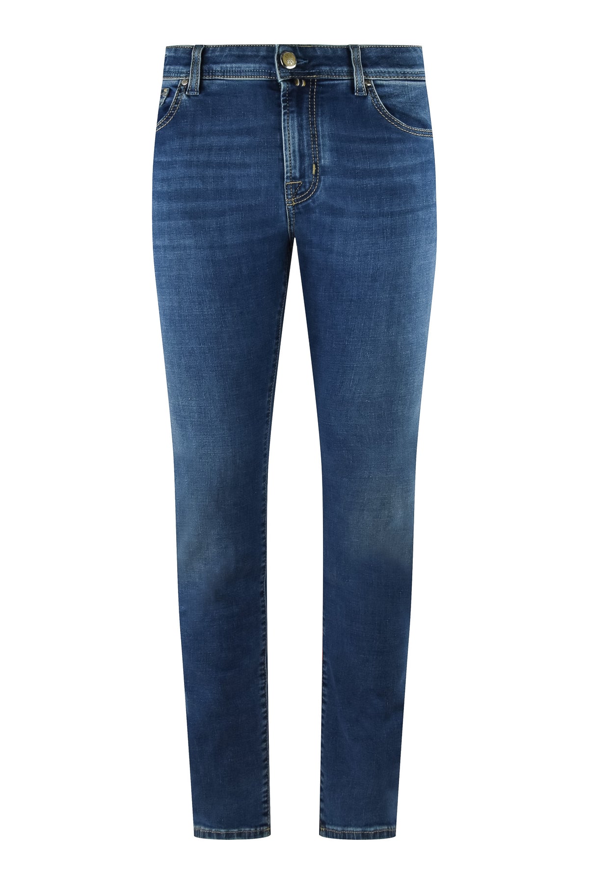 Men's stretch denim jeans in blue, straight leg with button waist