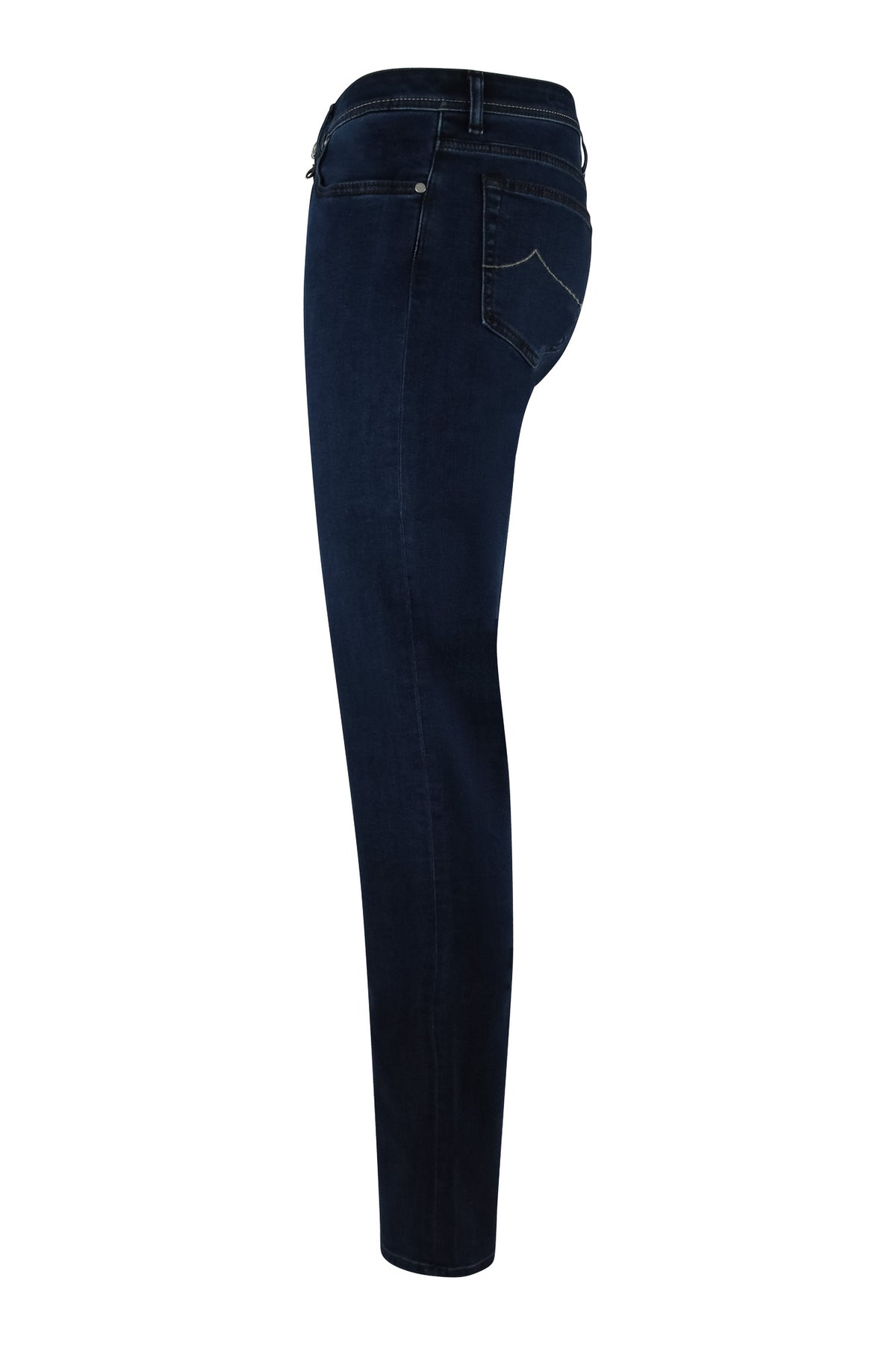 Dark blue stretch denim jeans, side view with belt loops and button closure