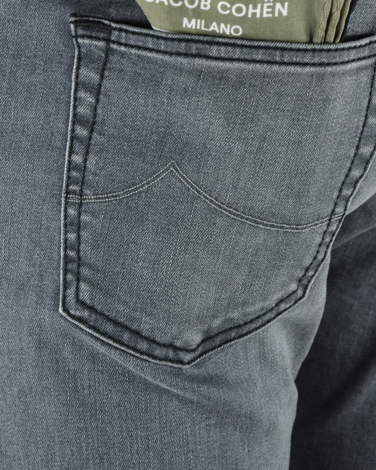 Grey denim pocket detail with curved yoke stitching and reinforced topstitch