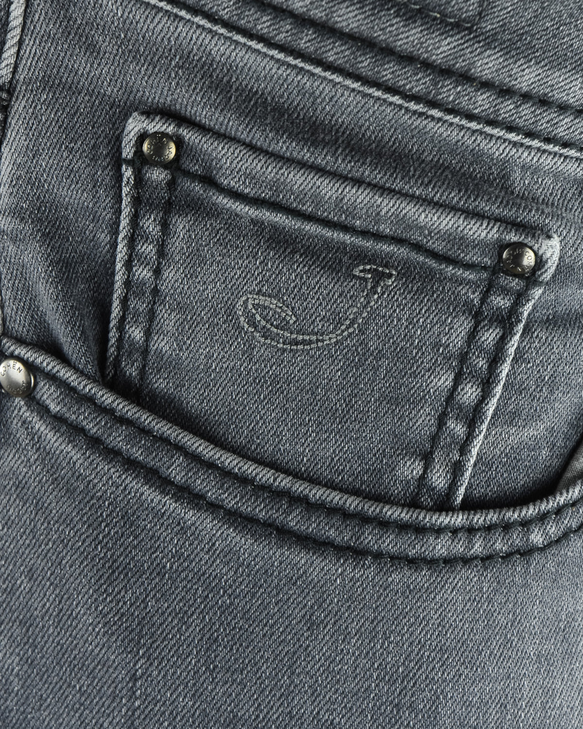 Grey denim coin pocket with stitched border and metal rivets