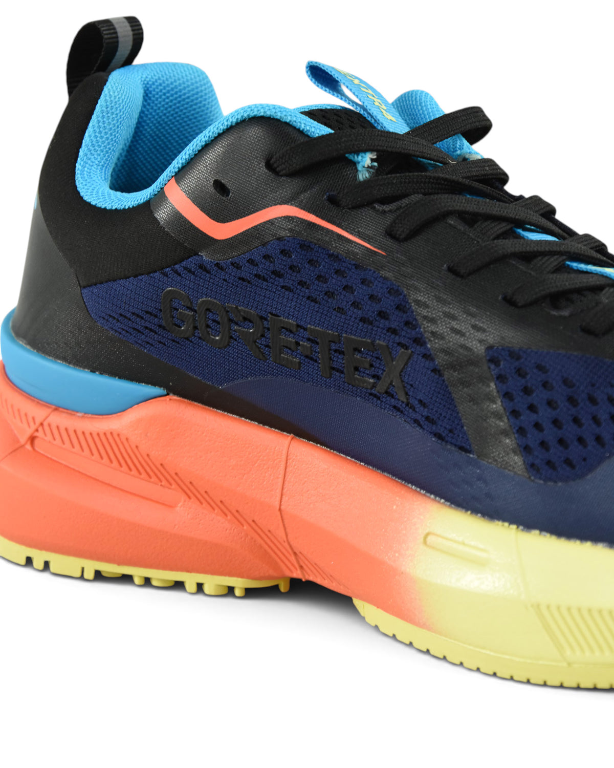 Waterproof running shoe close-up: dark navy upper with GO RE-TEX branding, orange midsole.