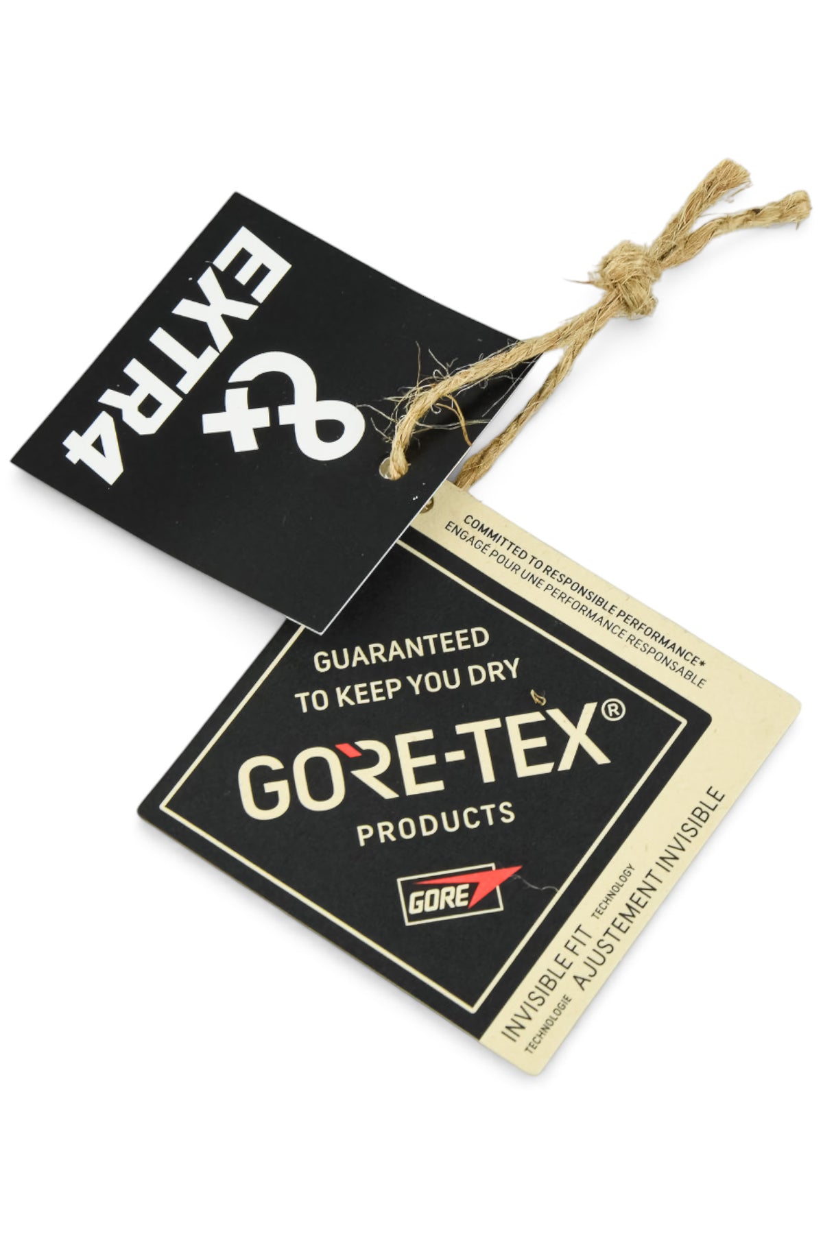 GORE-TEX hang tags reading Guaranteed to Keep You Dry, with twine string