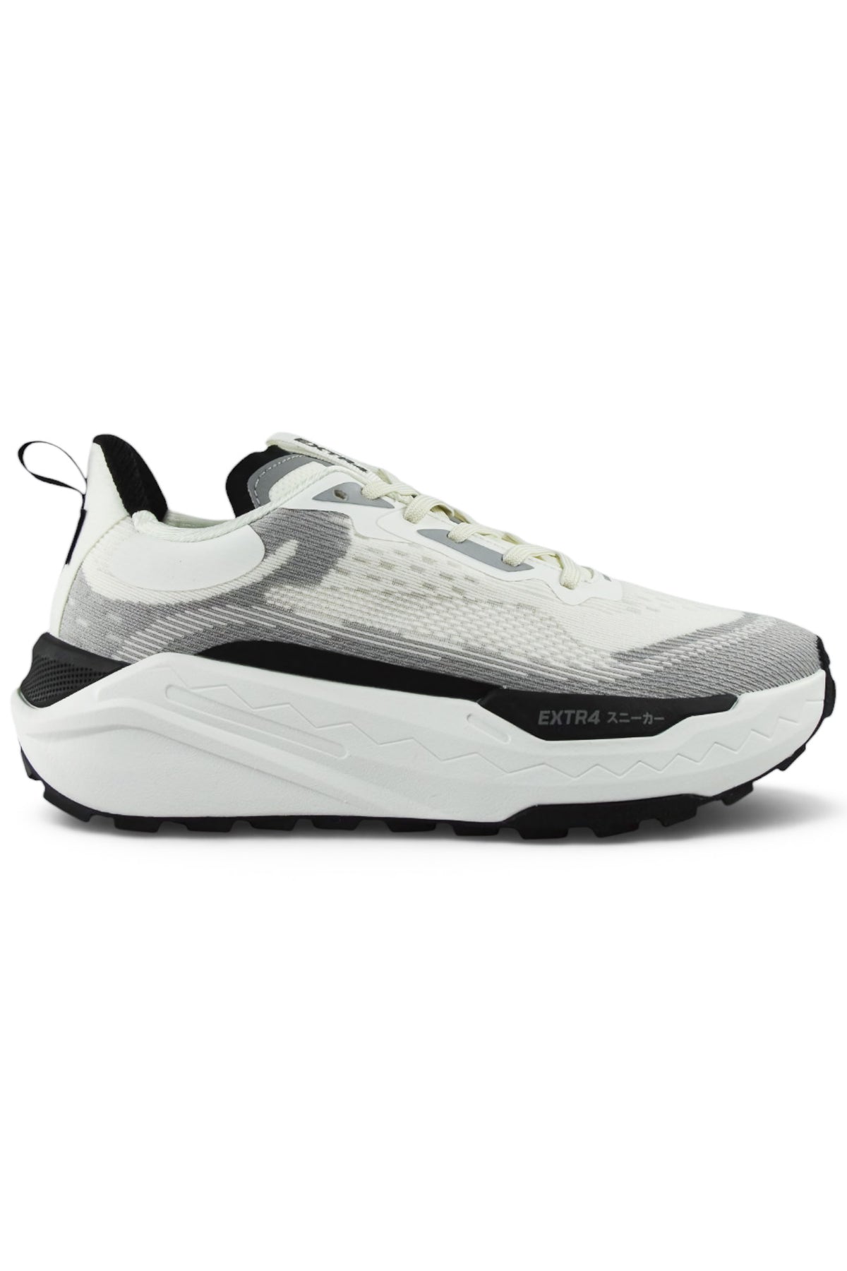 Waterproof running shoes in white and gray with black accents, lace-up design