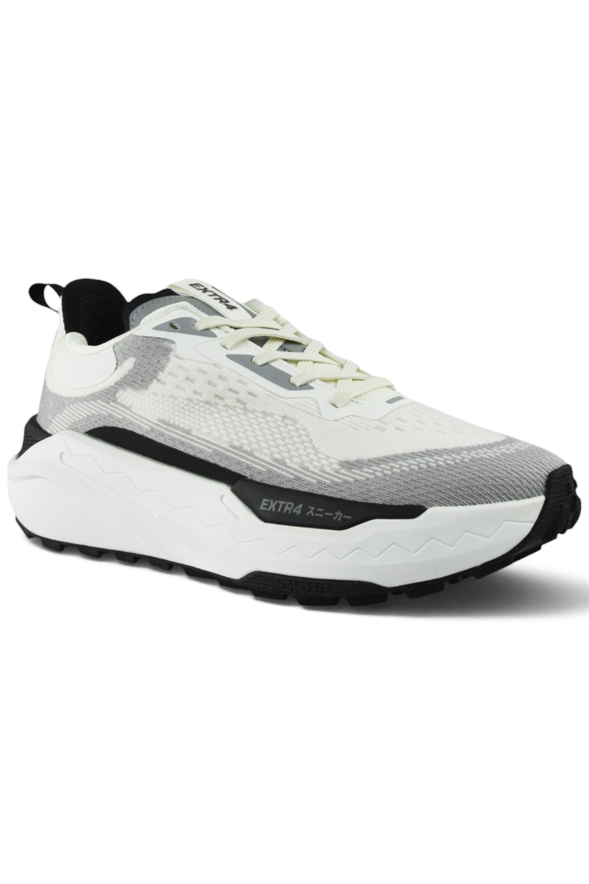 White and gray waterproof lace-up runners with black side panels and chunky tread