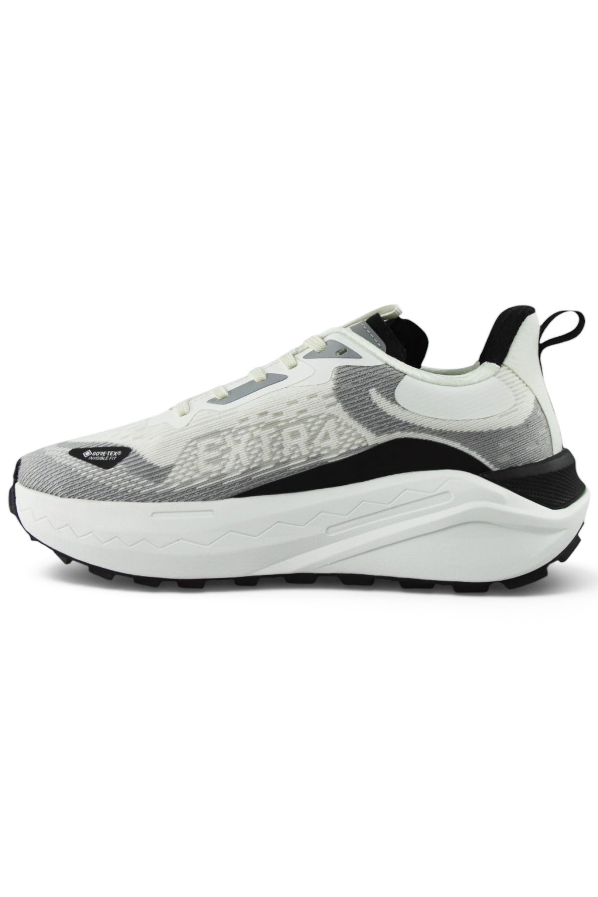 White and gray waterproof running shoes with light green laces and black heel detail