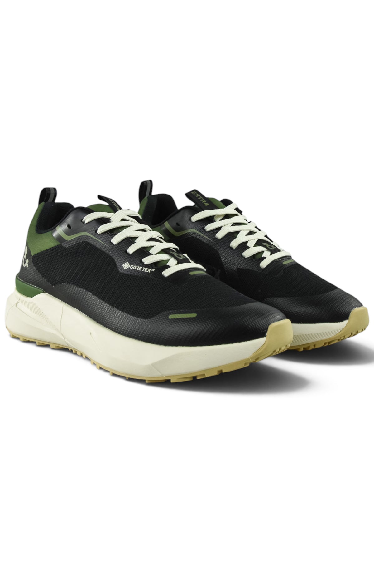 Waterproof GTX running shoe angled view in black with green panels and white laces