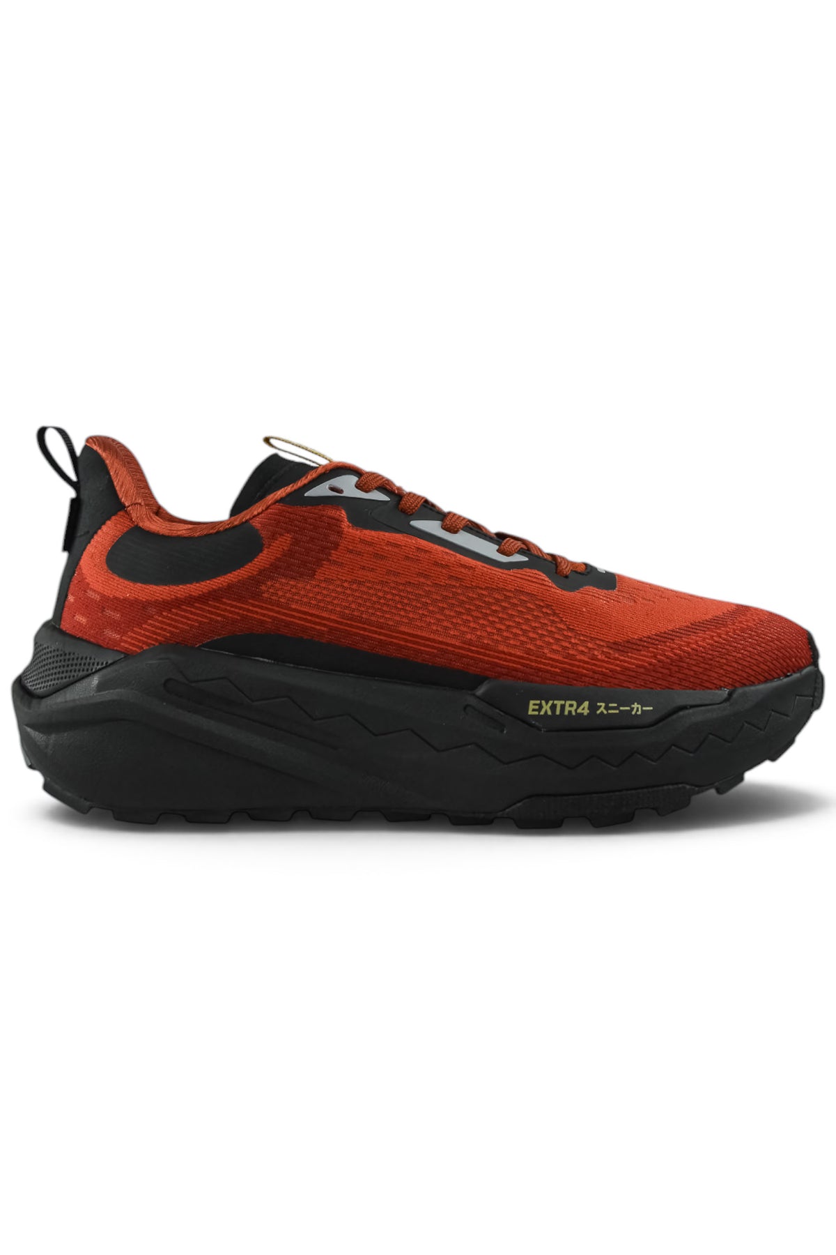 Rust orange and black waterproof running shoes with lace-up closure and rugged outsole