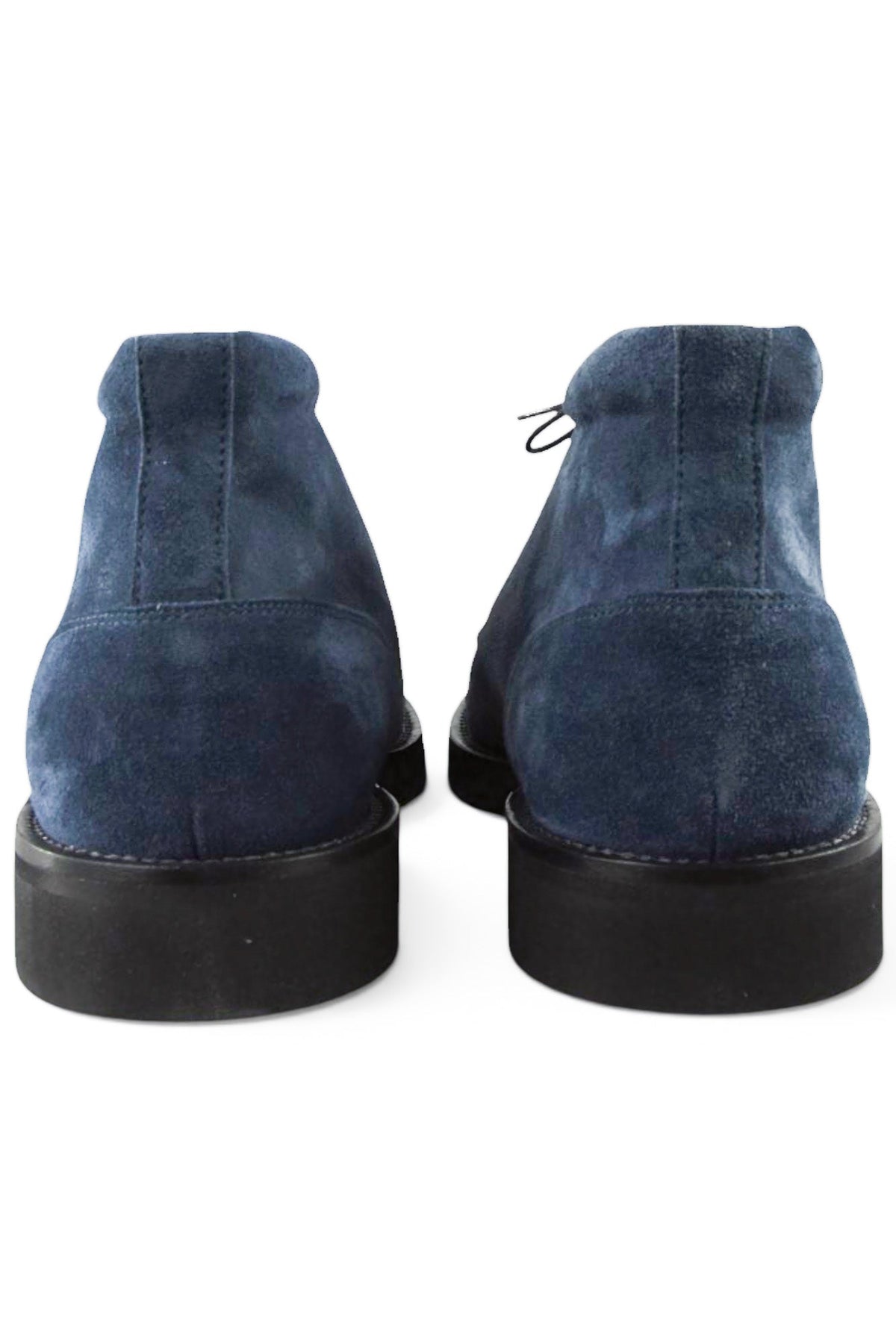 Navy suede chukka boots, heel view with lace-up tabs and dark rubber soles