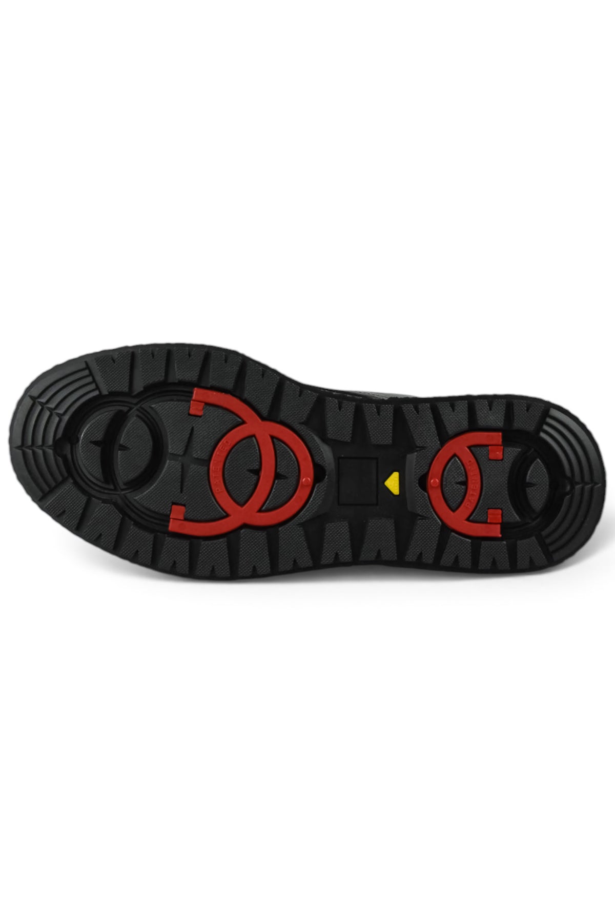 Black rubber boot outsole tread with red traction pattern for grip.