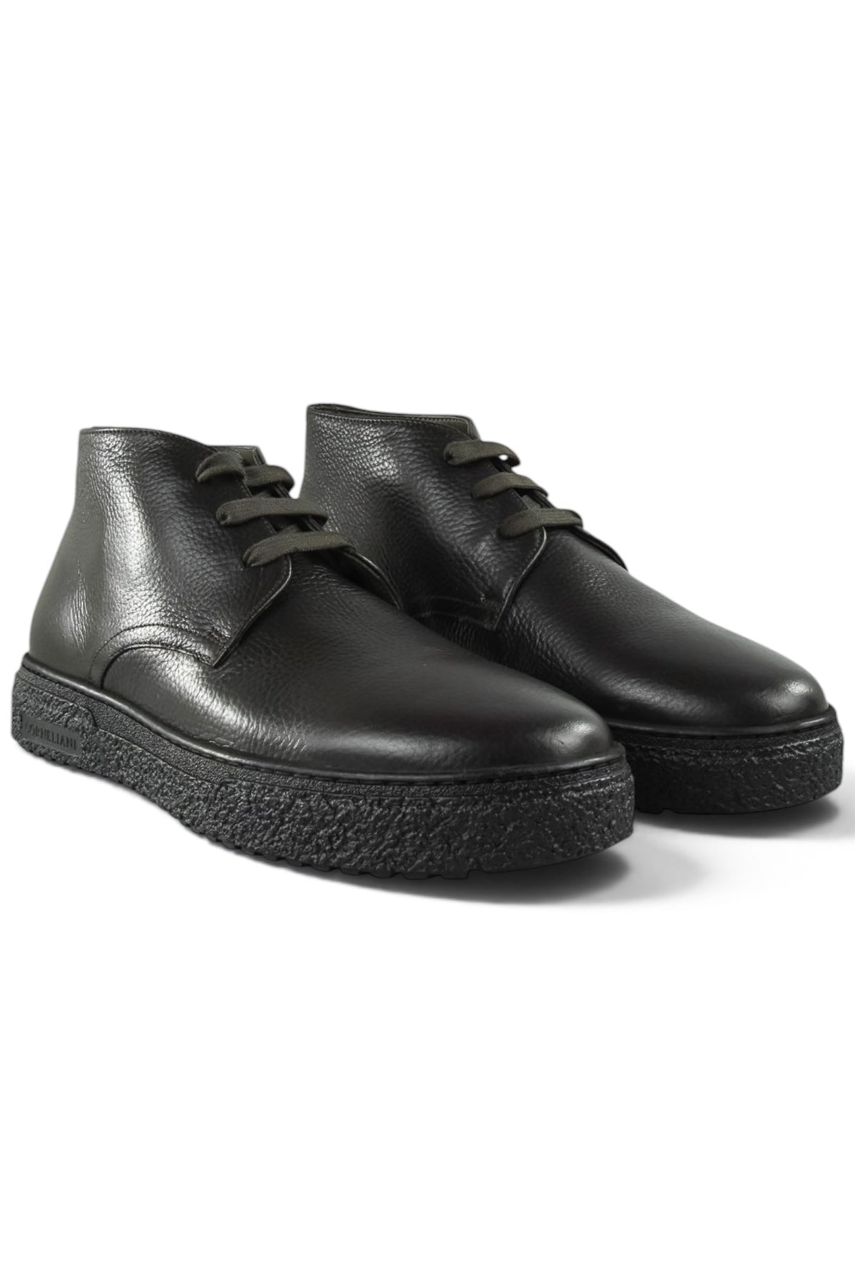 Pair of black leather lace-up ankle boots with chunky grip sole, side view.