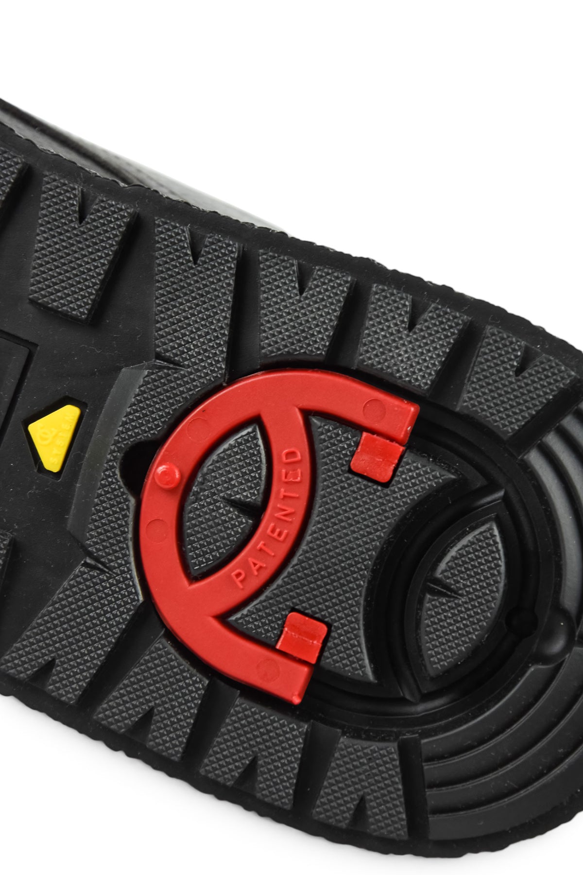 Chunky boot outsole with patterned tread and red logo detail