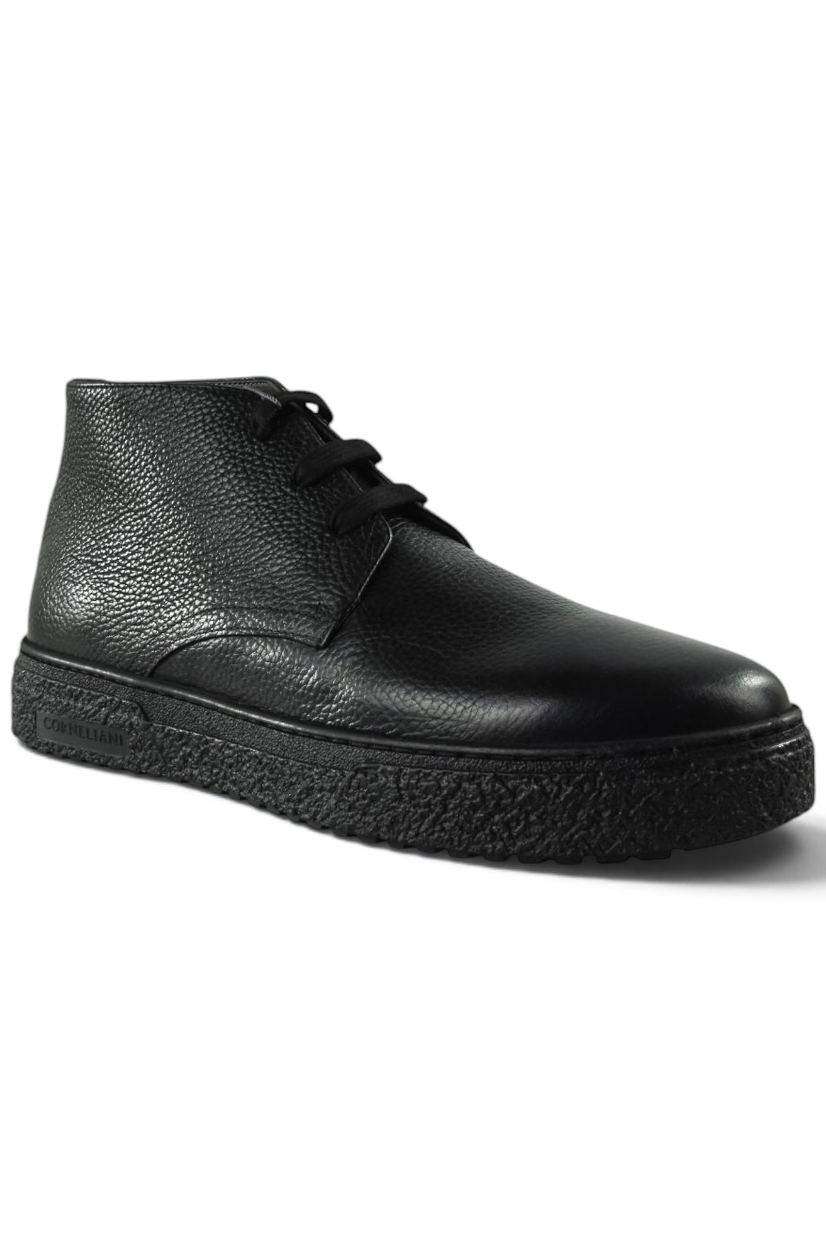 Black leather lace-up desert boot with low ankle height and grippy sole.