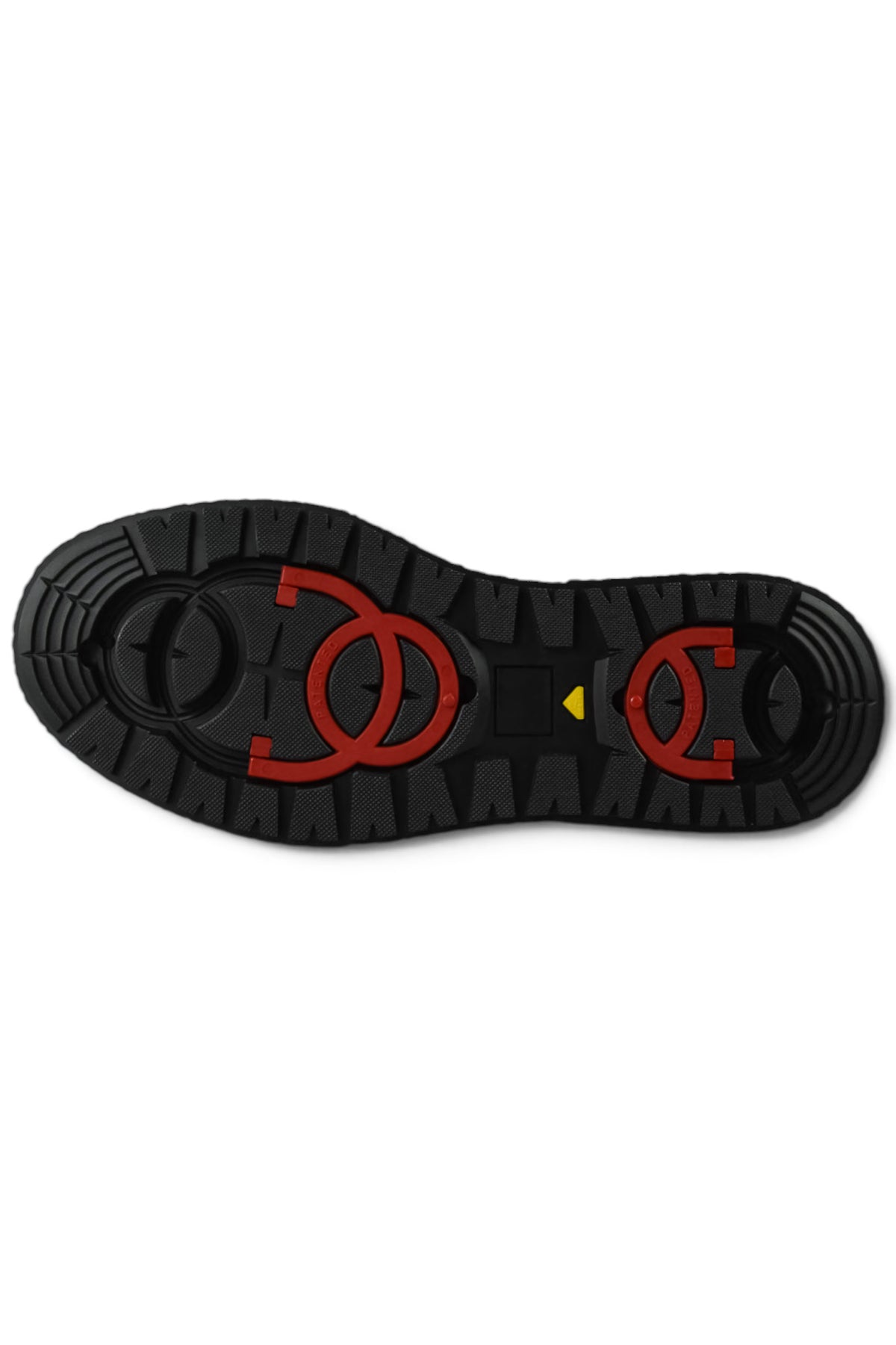 Outsole view of black ankle boot with grippy tread pattern and red accents.