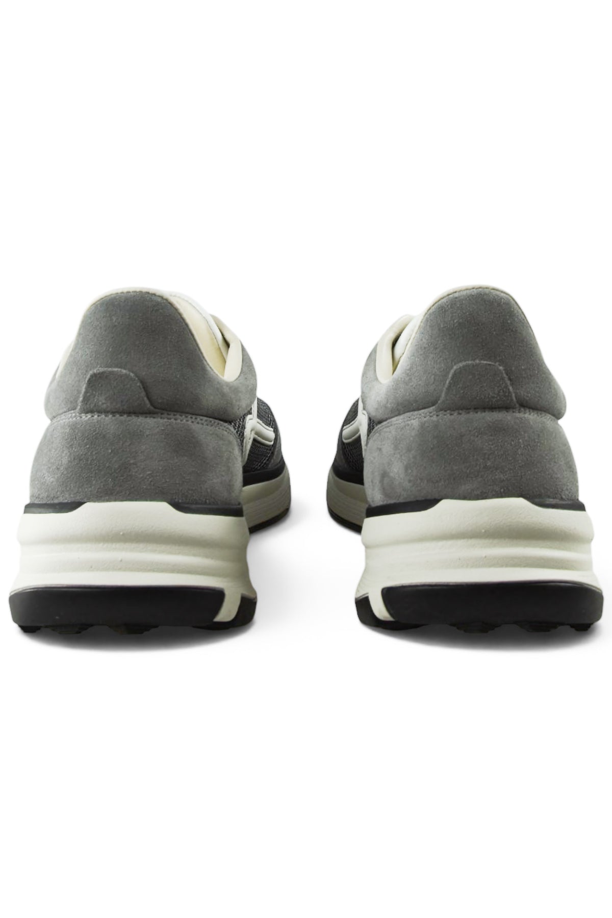 Grey trainers rear view with cushioned collar, heel panel, and white midsole