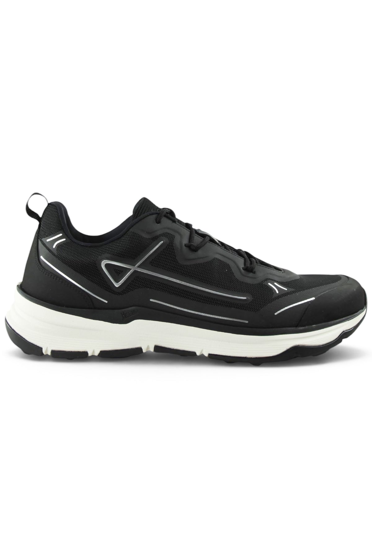 Black lace-up tech mesh trainers with chunky white midsole and side logo