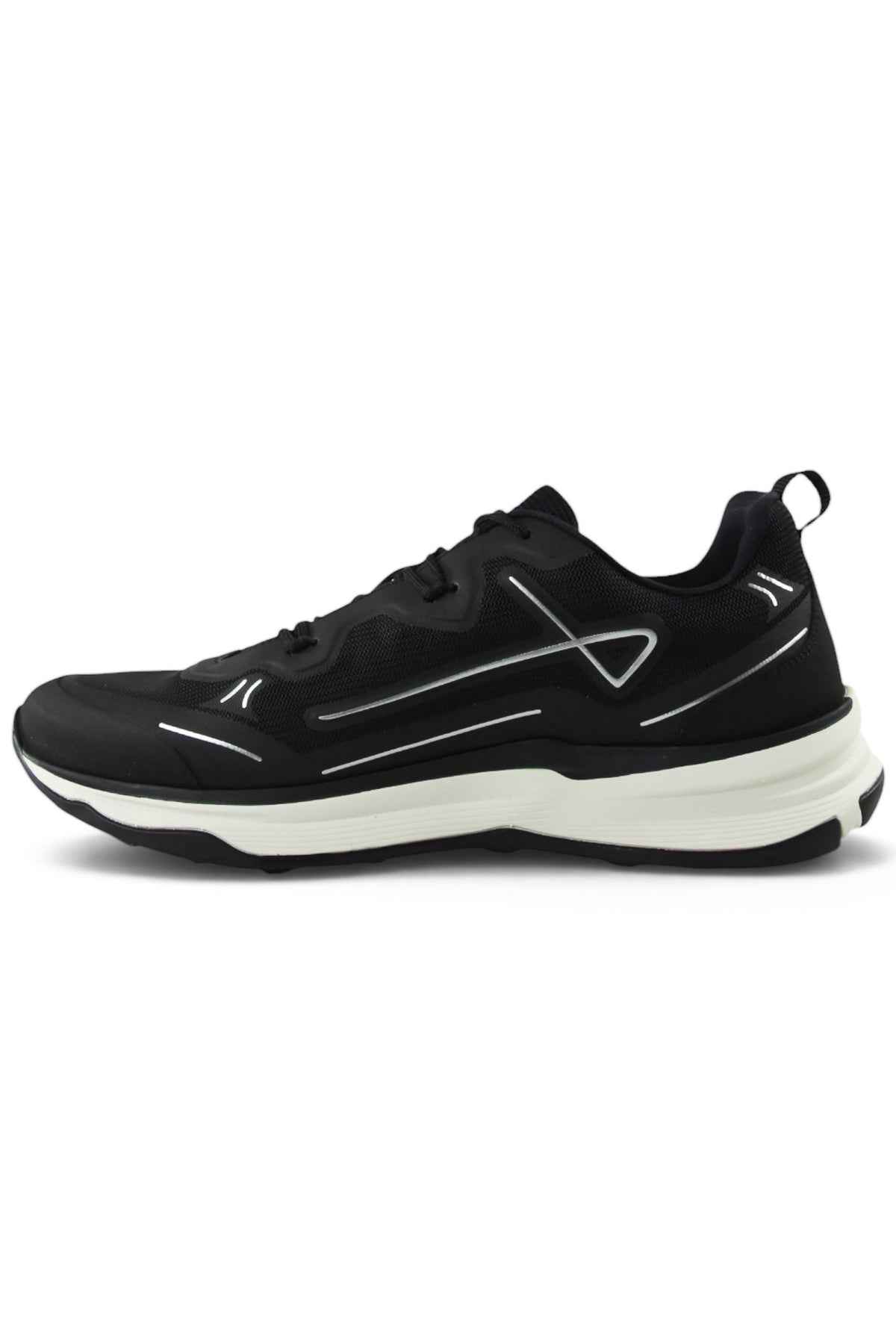 Black lace-up trainers with side logo, low profile mesh panels, and white midsole