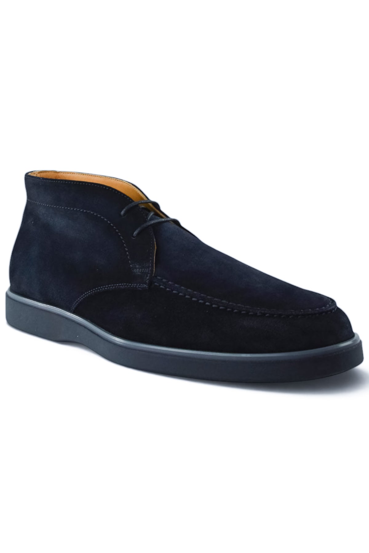 Blue suede chukka desert boots, side view, lace-up with rubber sole.