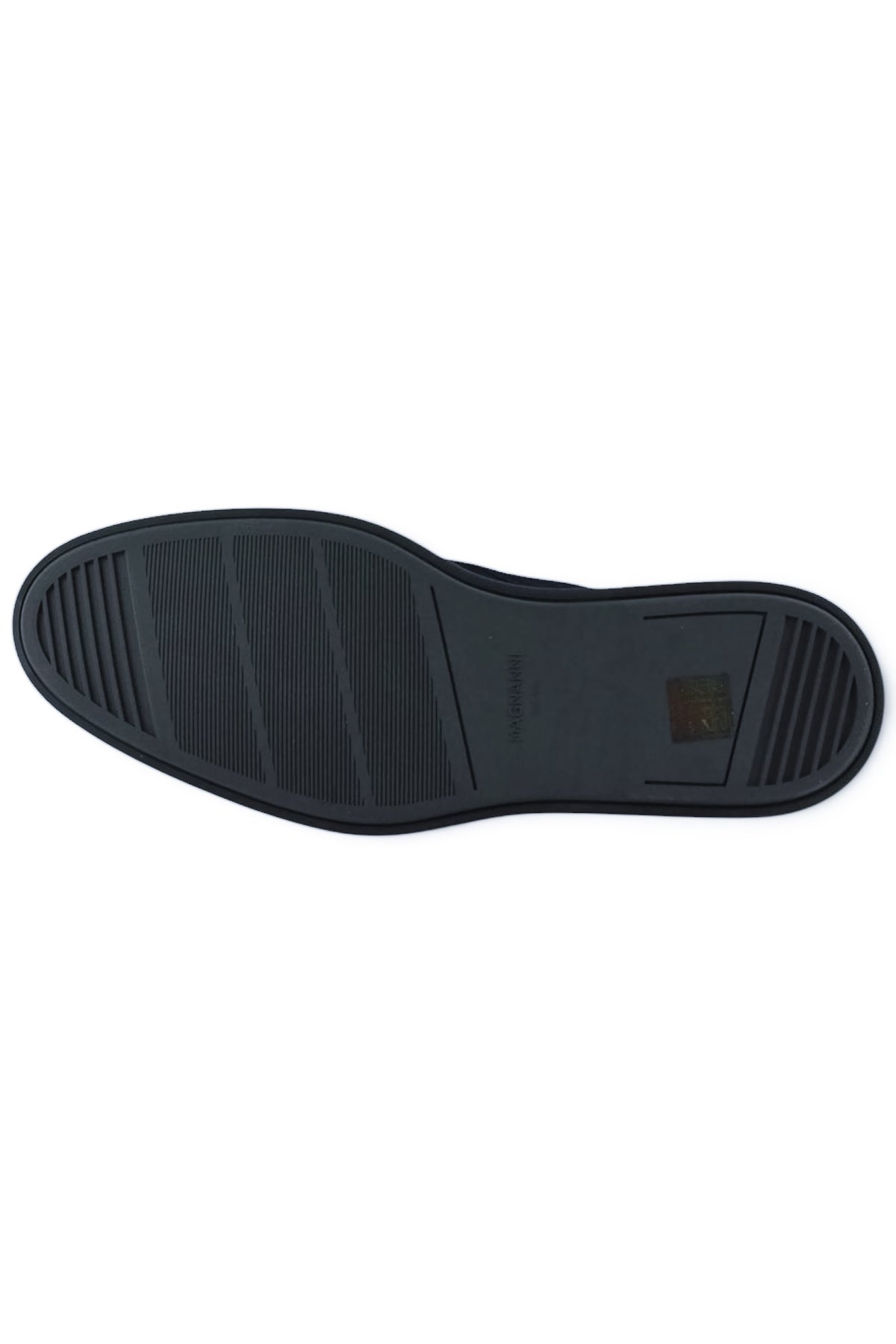 Outsole view of blue suede chukka desert boots with treaded rubber sole.
