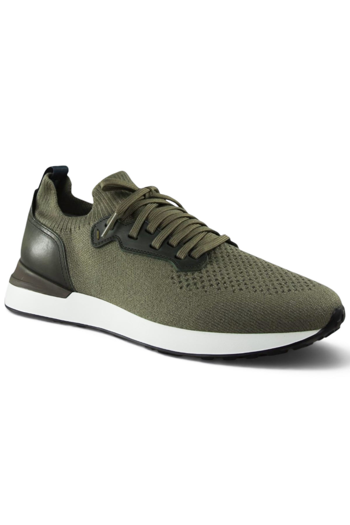 Khaki knit lace-up sneakers with leather quarter panel, dark collar, and white sole