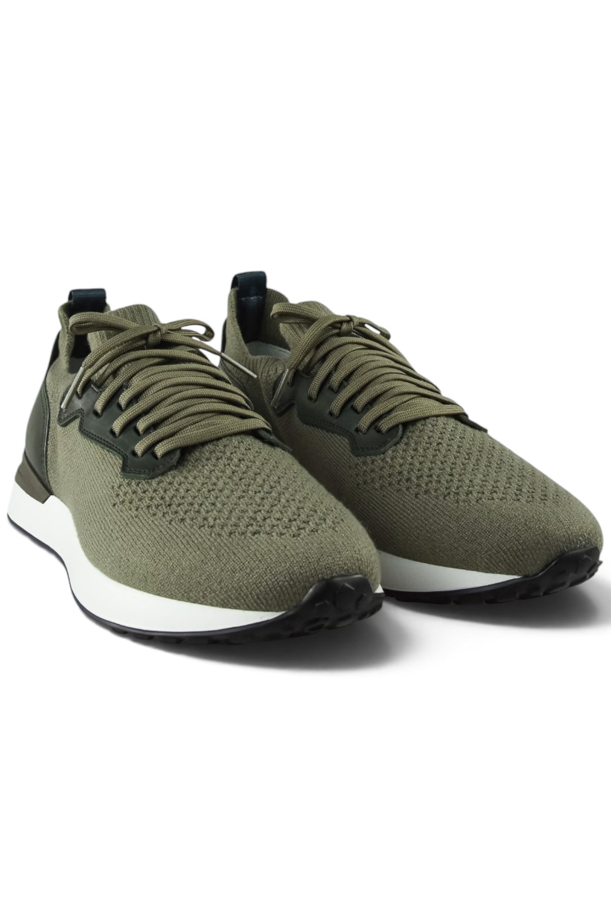 Pair of khaki knit-and-leather lace-up sneakers with white midsoles and dark accents