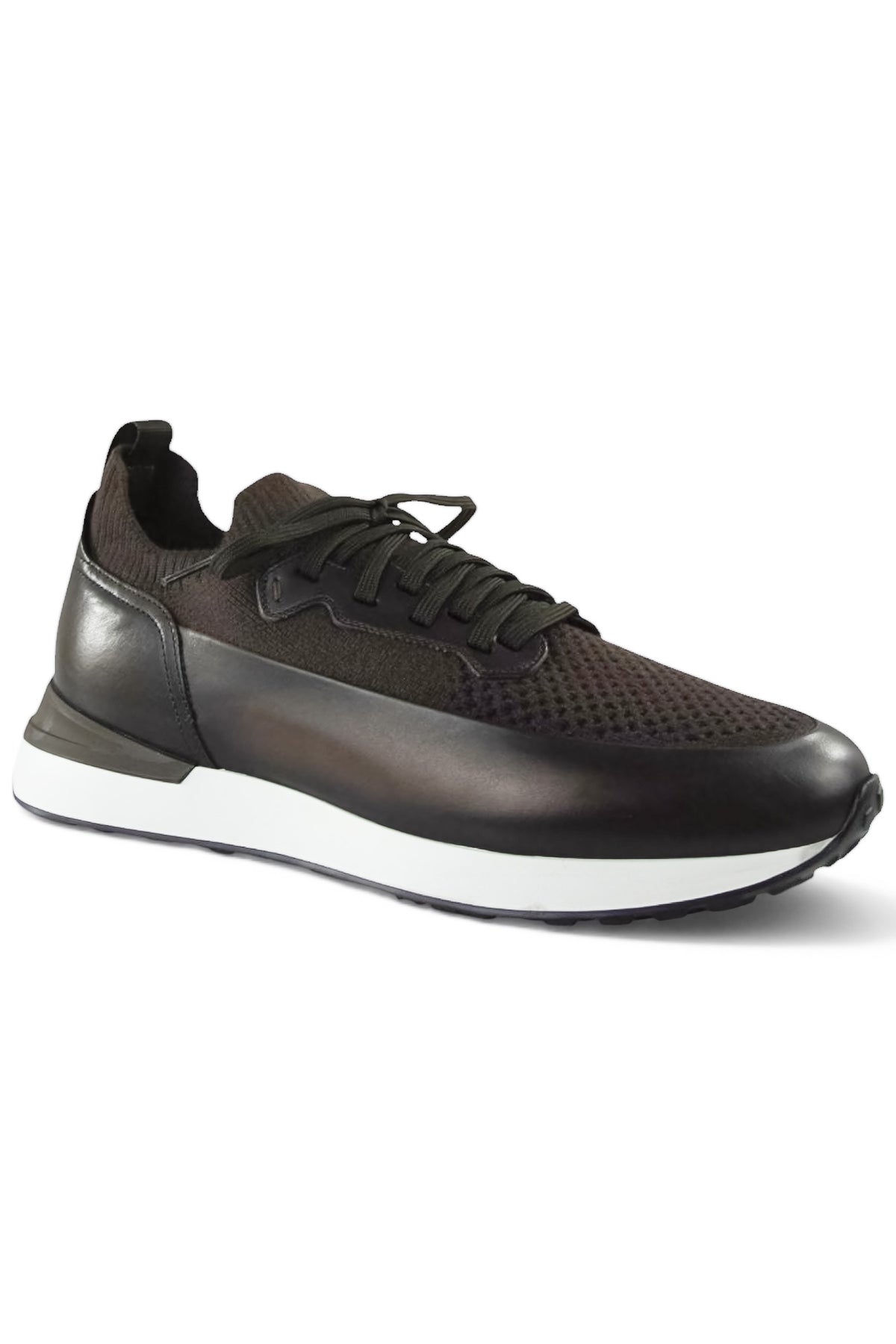 Dark brown leather-and-knit lace-up trainer, side view, with white rubber midsole.