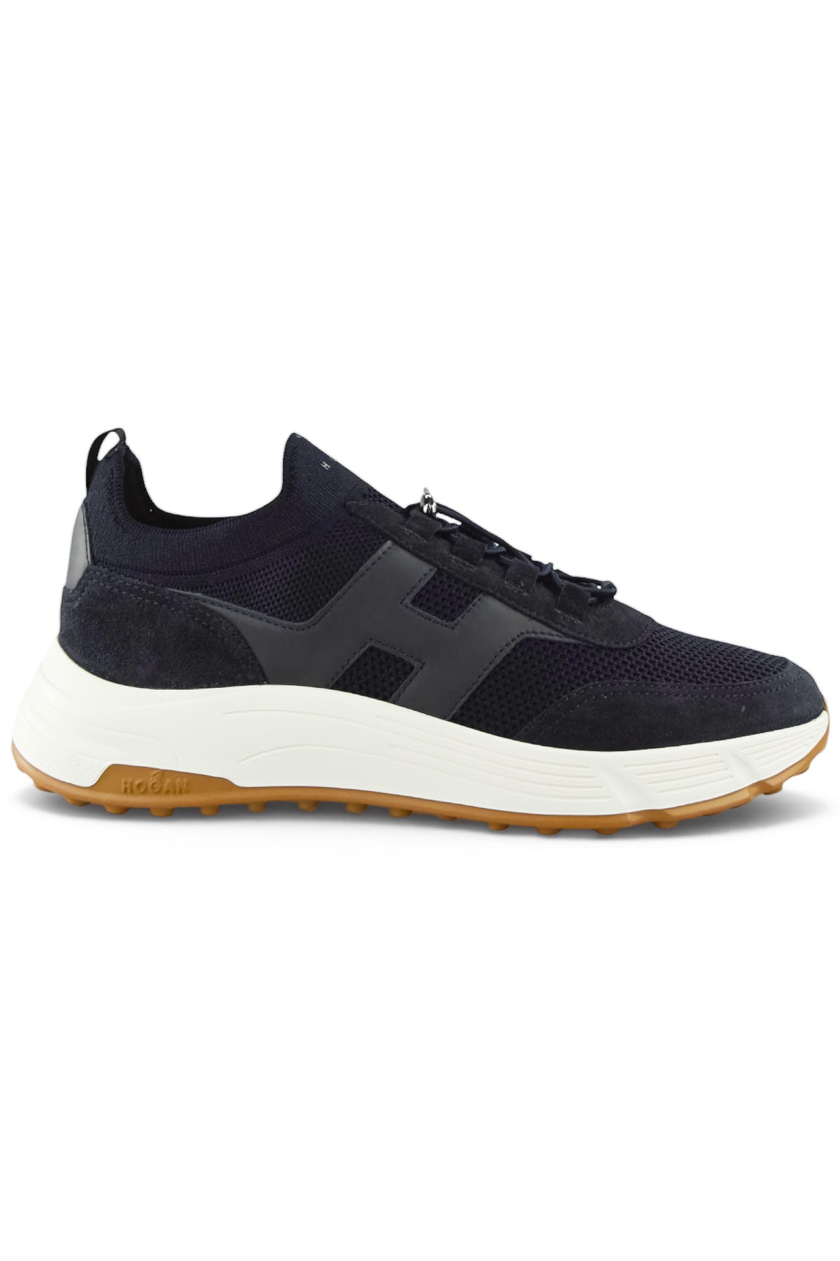 Navy knitted lace-up trainer sneaker with dark panels and white cushioned sole
