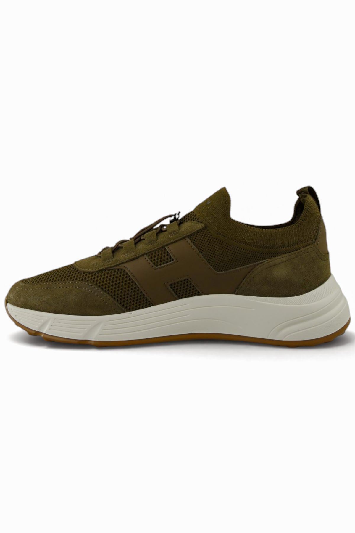 Khaki low-top lace-up trainer with perforated knit and cushioned white midsole