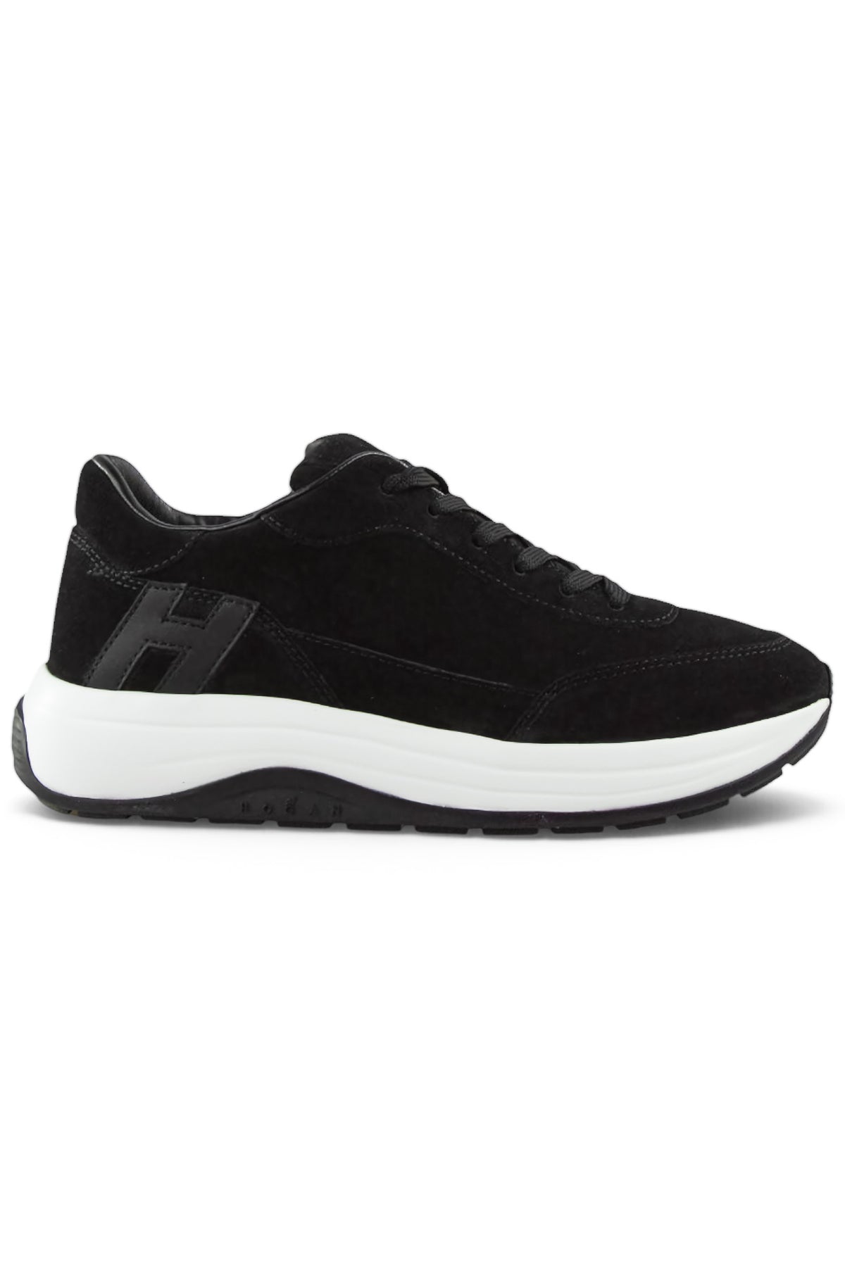 Black suede lace-up trainer with H side logo and white midsole