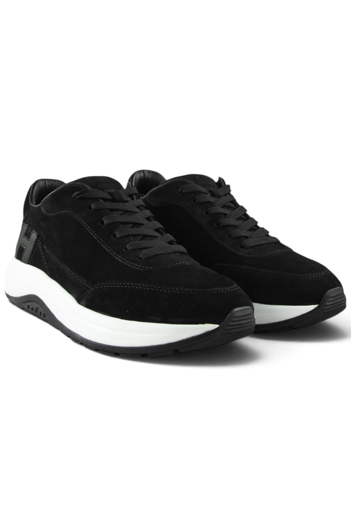 Pair of black suede lace-up trainers with H side logo and white soles