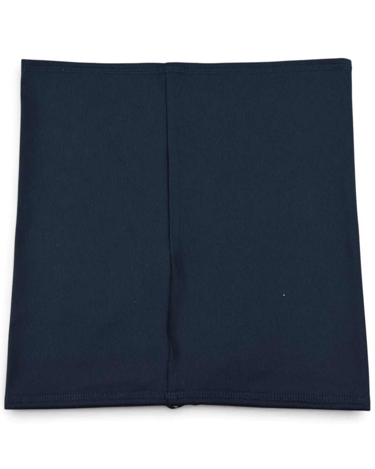 Navy neck gaiter with visible vertical seam, flat lay