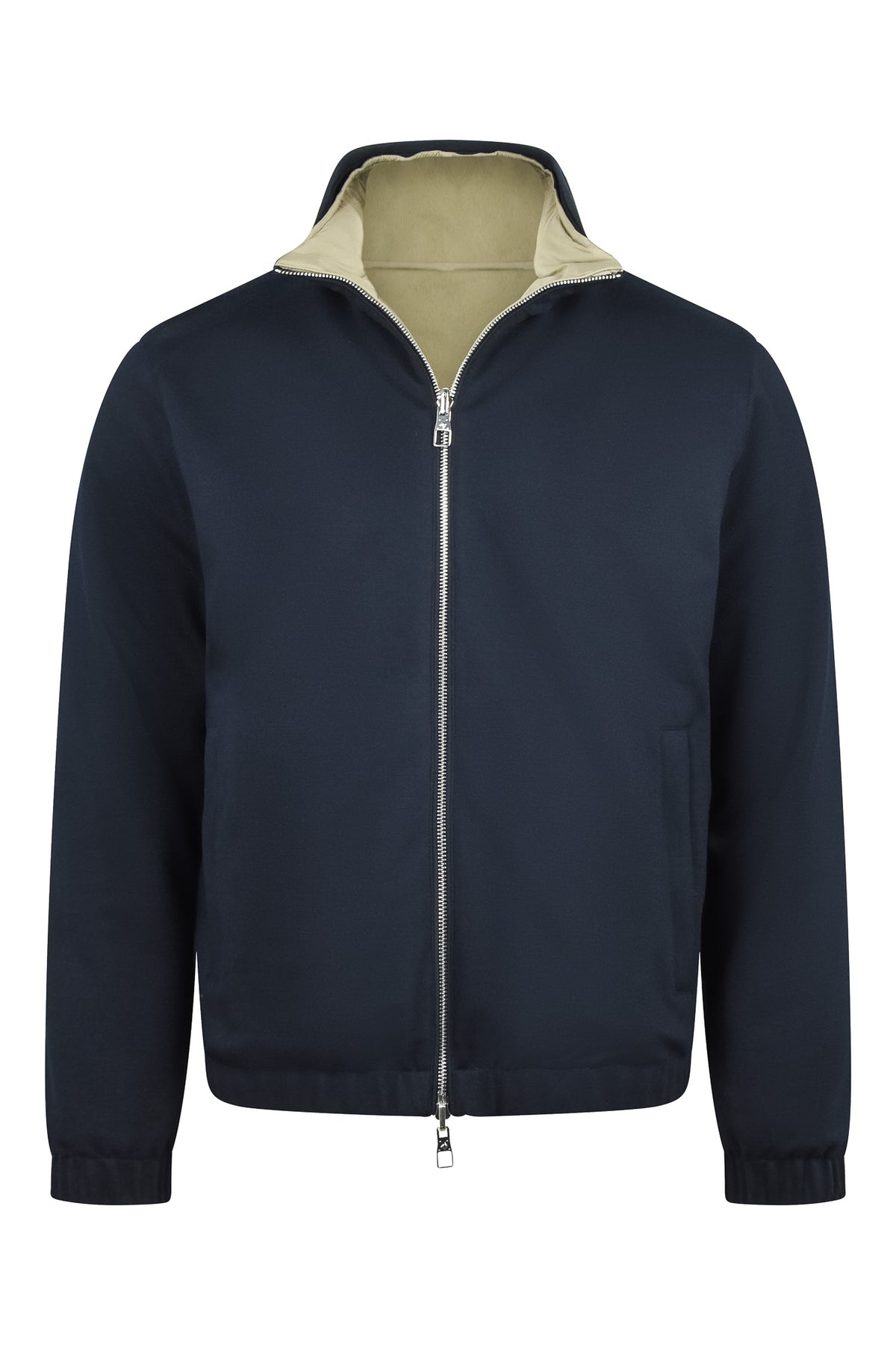 Dark blue jacket reversed to beige lining, full-zip and stand collar