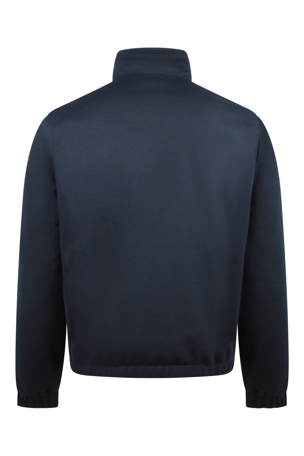Dark blue back view quilted padded jacket with stand collar and ribbed cuffs