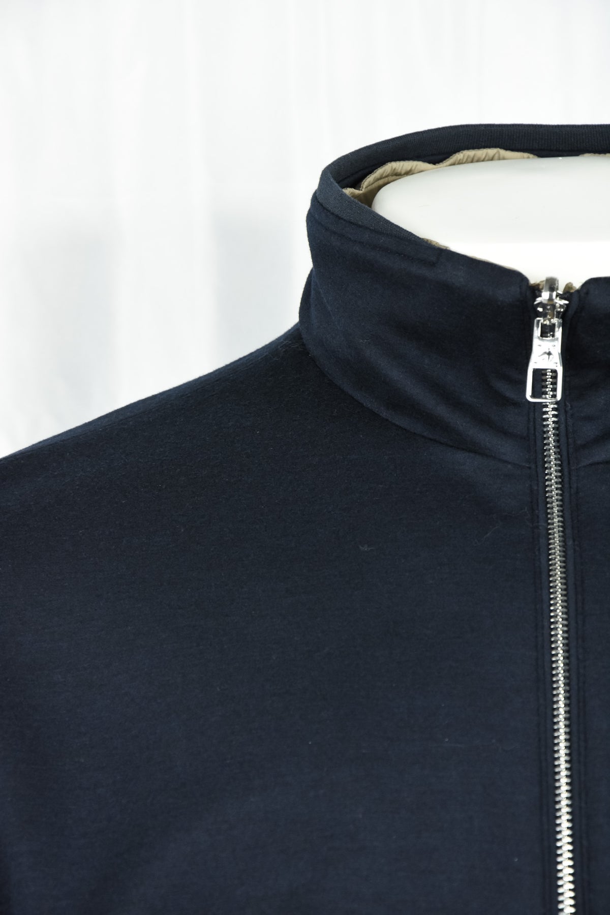 Dark blue jacket chest close-up with full-zip and stand collar