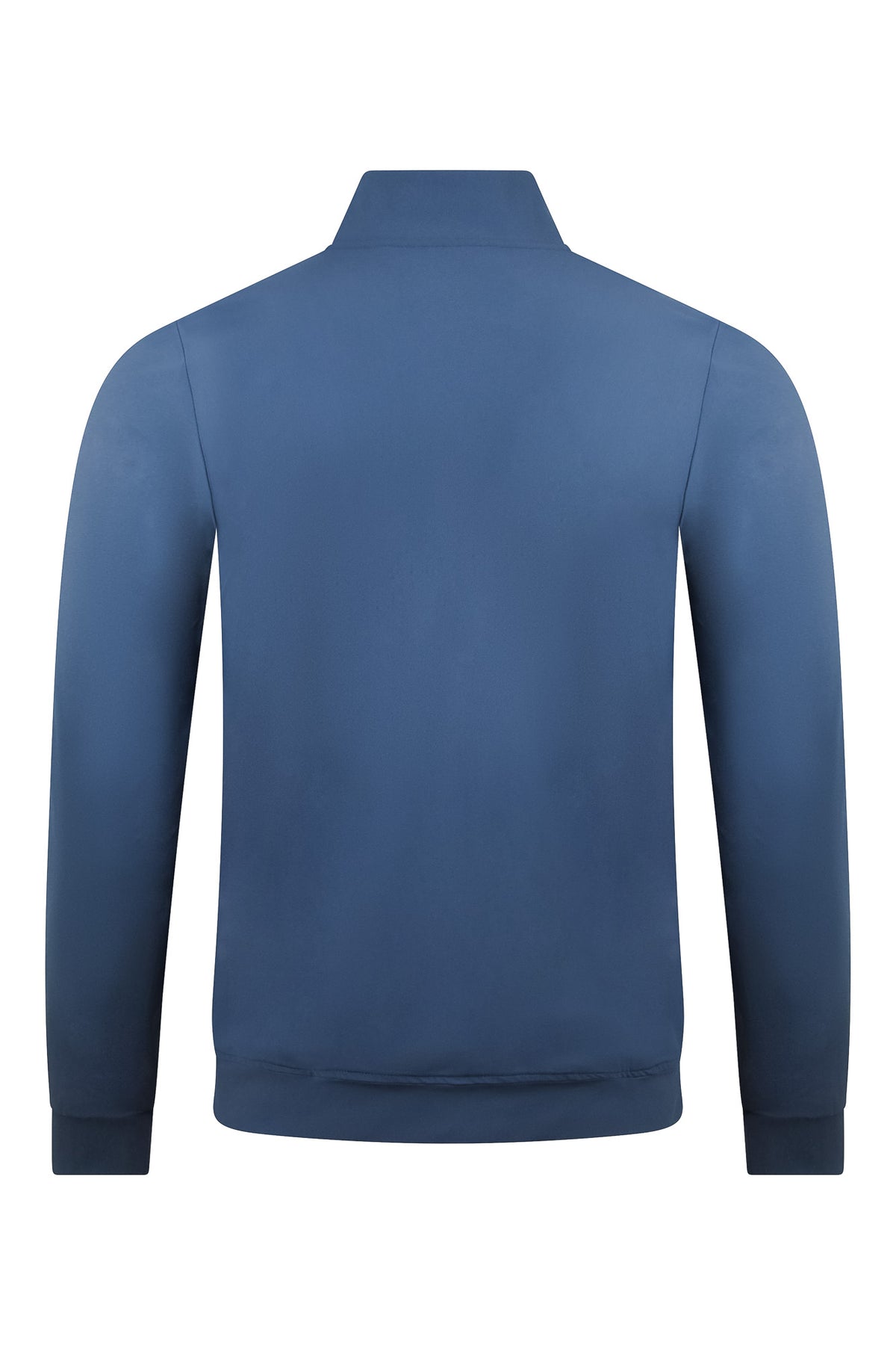 Blue tech stretch jacket back view with stand collar and full zipper