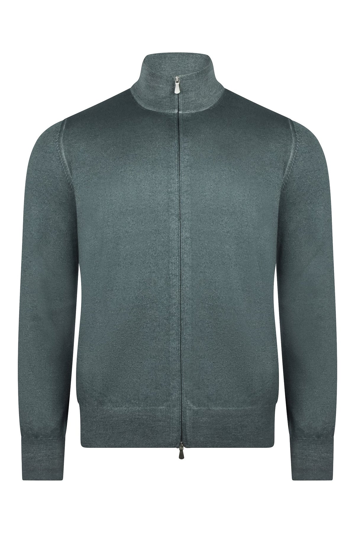Petrol blue full-zip cardigan with stand collar and zip front, long sleeves.
