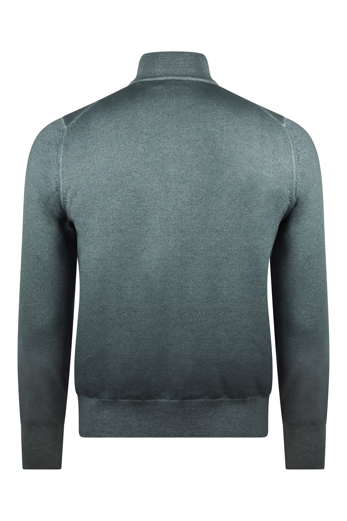 Petrol blue full-zip cardigan back view with ribbed stand collar and long sleeves.