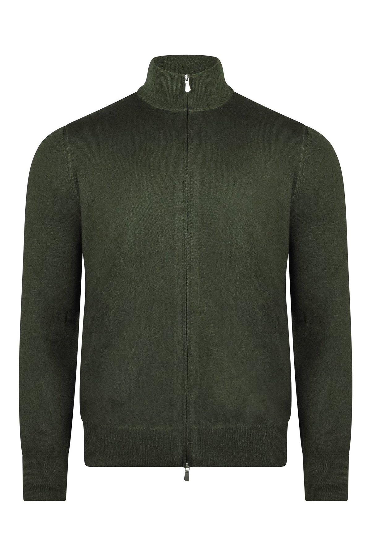 Bottle green full-zip cardigan sweater with mock neck and front zipper closure