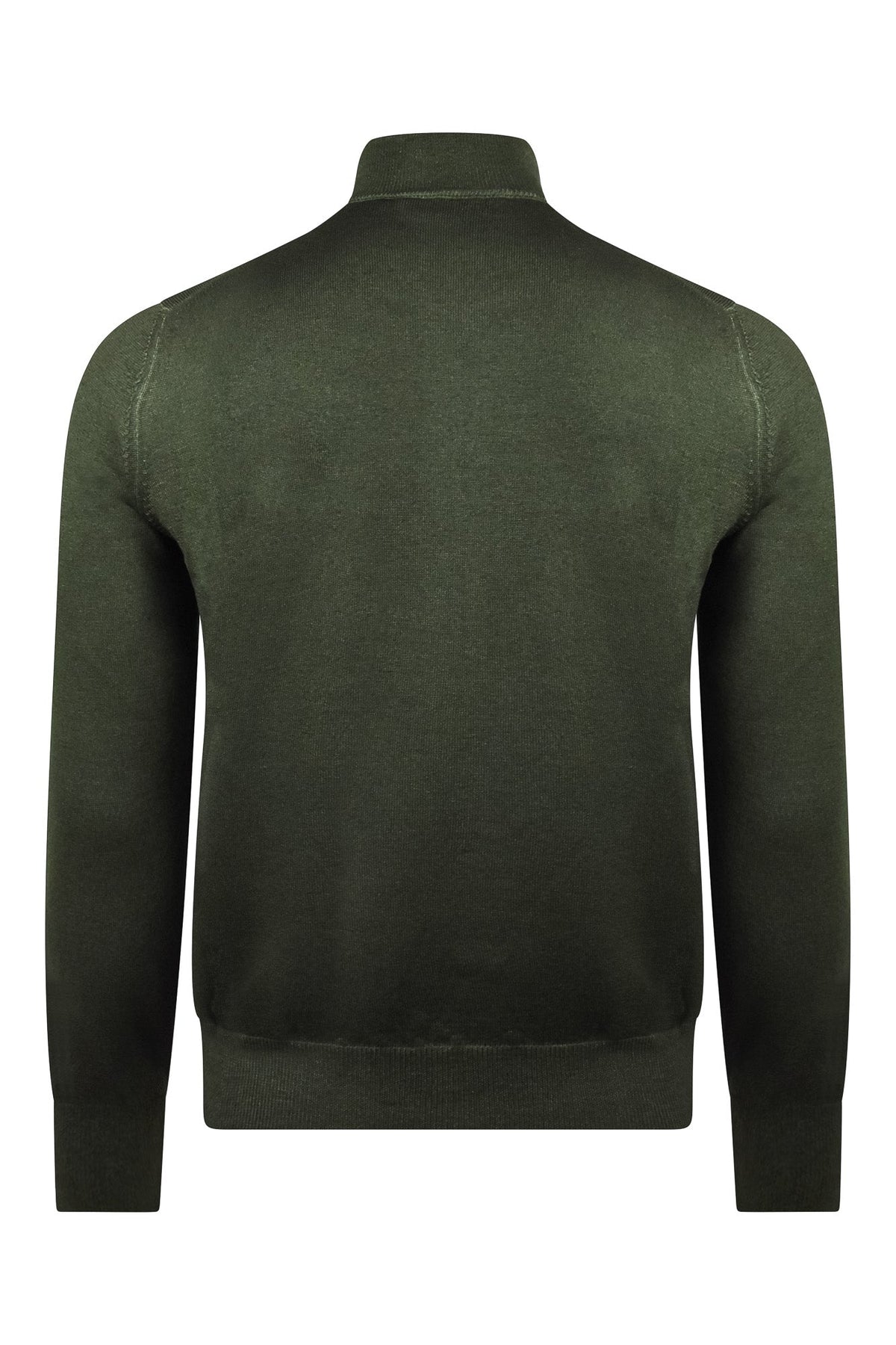 Bottle green full-zip cardigan sweater, back view with mock neck and zipper seam