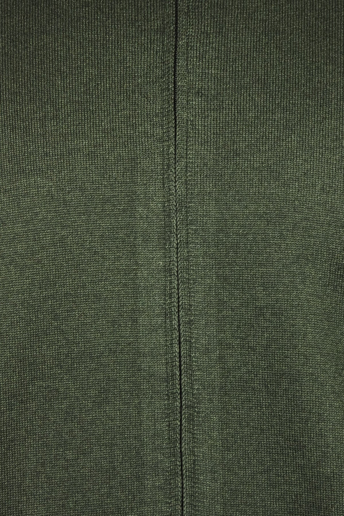 Close-up of bottle green full-zip cardigan zipper seam and knit texture