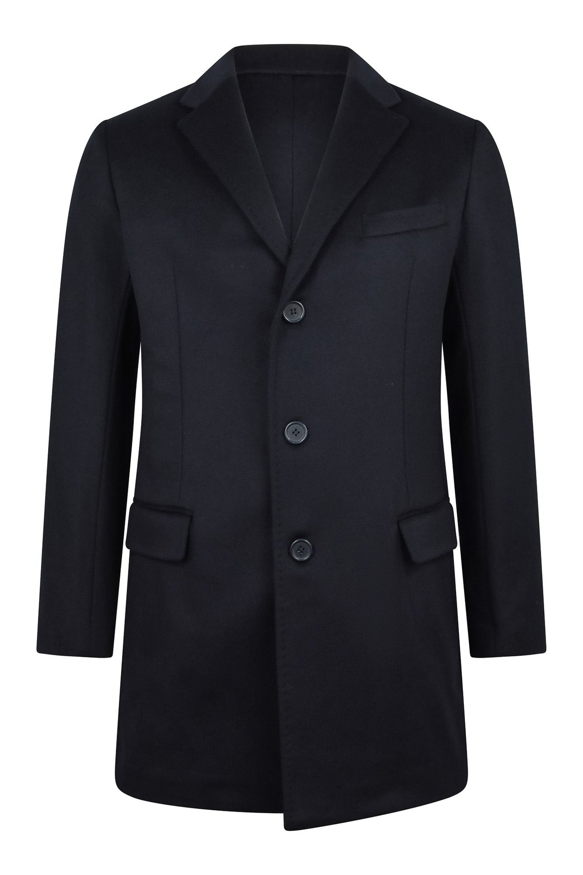 Zattura dark navy wool and cashmere overcoat with notched lapels, three buttons and flap pockets