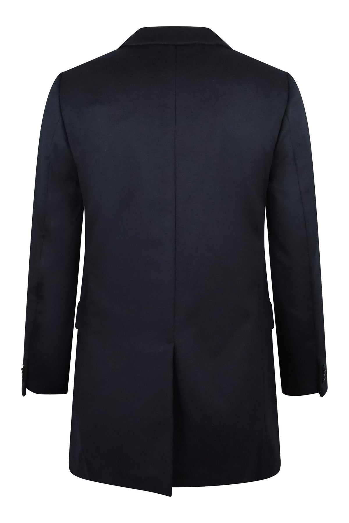 Wool and cashmere overcoat, back view with center seam and rear vent