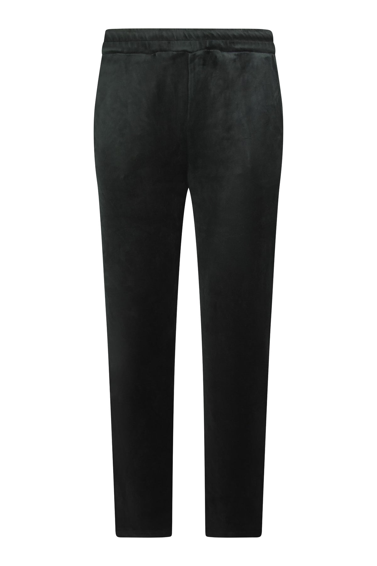 Black velour track pants with elastic waistband and tapered leg
