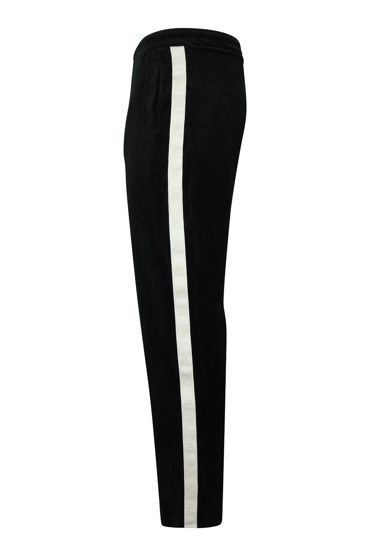 Black velour track pants with white side tape stripe