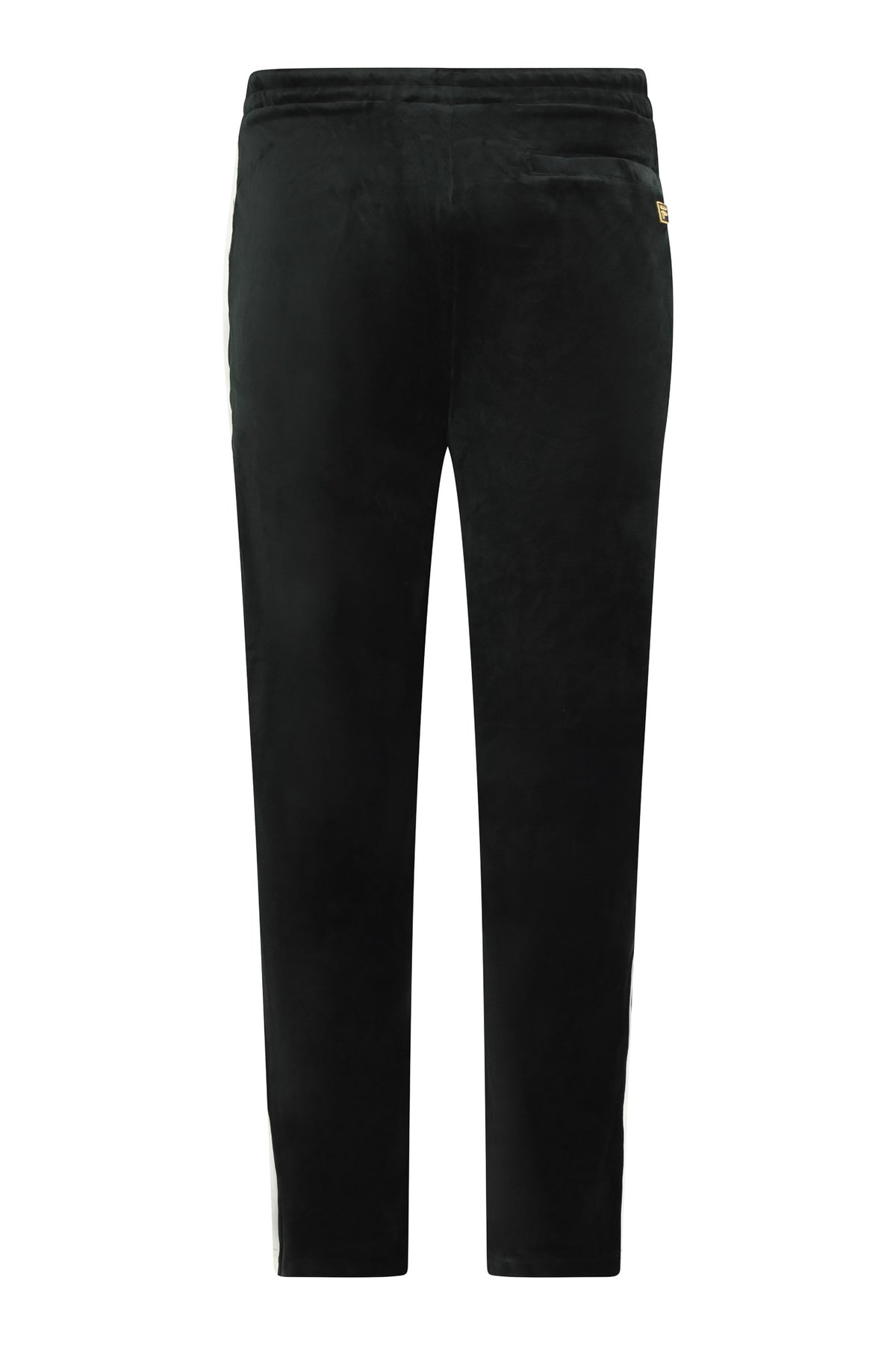Black velour track pants with logo tag at waistband